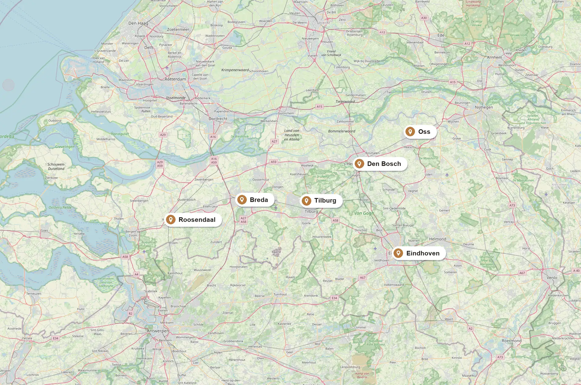 Kaart van Noord-Brabant met de regio's waar wij PVC vloeren leggen
